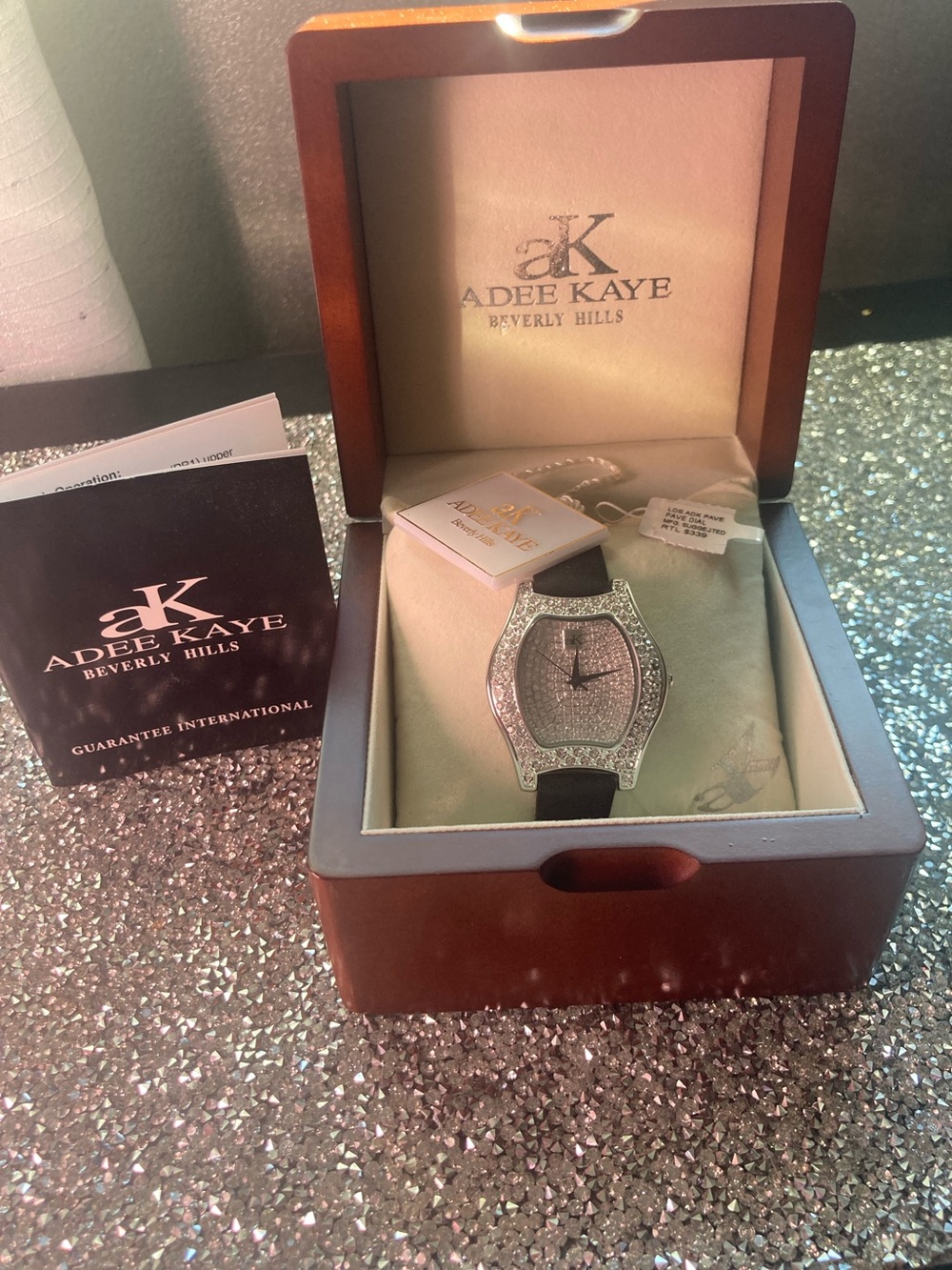 Adee Kaye Silver Pavé Crystal Women's Watch with Black Strap